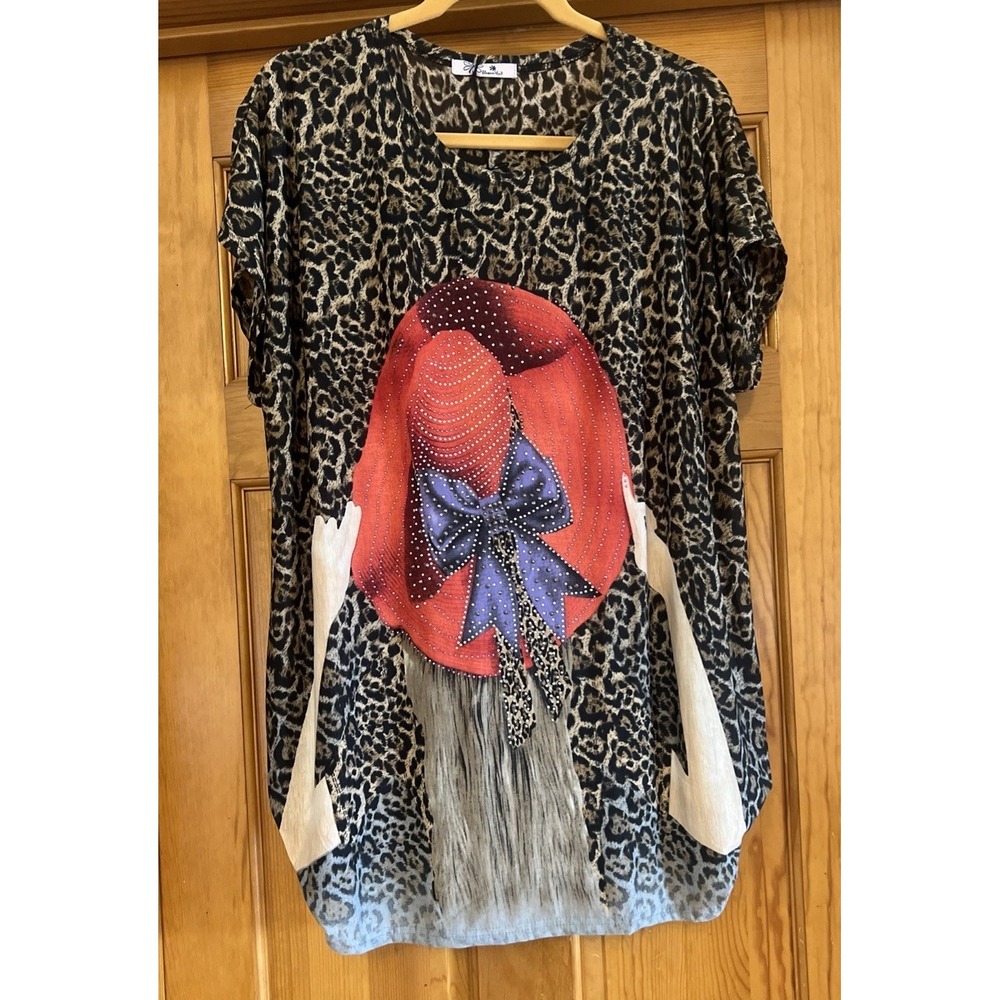Blossom By P Red Hat Leopard Women's One Size Rhinestones Blouse